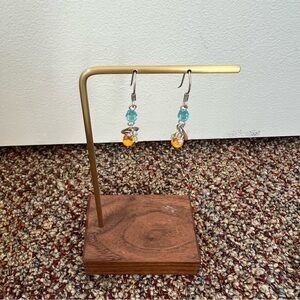 Blue orange crystal dainty lightweight dangle drop earrings silver tone